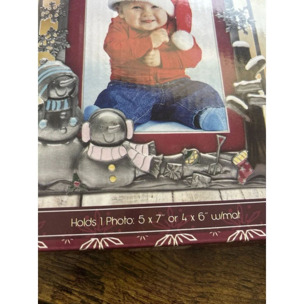 Christmas Winter Snowman Pewter Picture Frame 4x6/5x7 Holiday Decor New Open Box